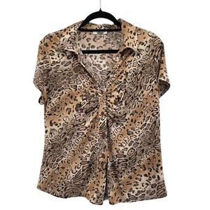 Vintage Y2K Leopard Print Blouse L/XL – Ruched Button Front E.K. Designs